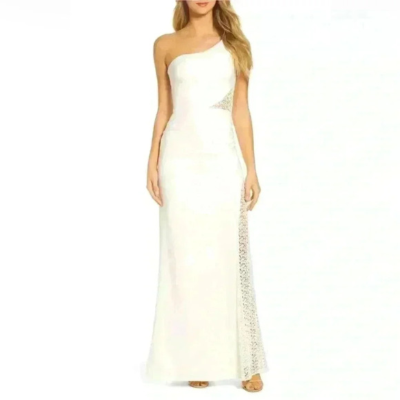 MARIA BIANCA NERO Olivia Lace Inset One-Shoulder Gown Ivory SZ 4 *Worn Once - Picture 1 of 11